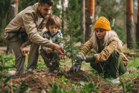 Family planting a tree together, symbolizing human effort to combat climate change and promote reforestation.の素材
