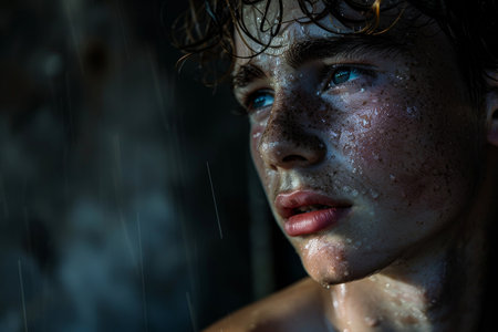 Dramatic portrait of young person with tears streaming down face, illuminated by single beam of light in dark room, expressing raw emotion.の素材