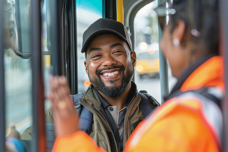 Smiling bus driver greets passengers as they board, emphasizing human element and service in public transportation.の素材