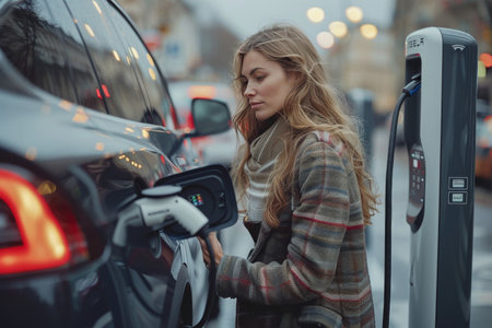 Professional woman charges her electric car at work parking lot with charging stations, highlighting workplace EV amenities.の素材
