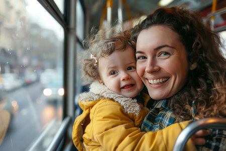 Mother and child enjoy ride on city bus, capturing family moments in everyday settings, fostering bonds and memories.の素材