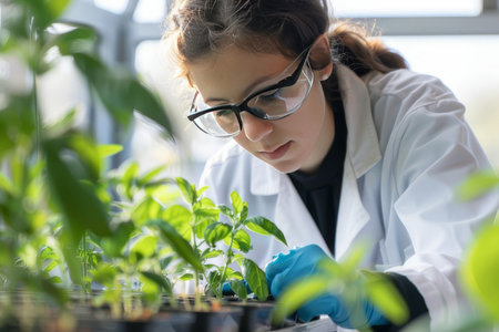 Scientist in lab develops plant-based alternatives to meat, illustrating innovation in sustainable food sources.の素材