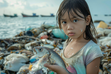 A poignant image of a young girl holding a dead fish against a backdrop of polluted ocean water, illustrating the dire consequences of marine pollution on wildlife.の素材