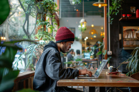 A contemporary scene capturing a young professional engrossed in work on a laptop at a bustling coffee shop, symbolizing the rise of remote work and the digital nomad lifestyle.の素材