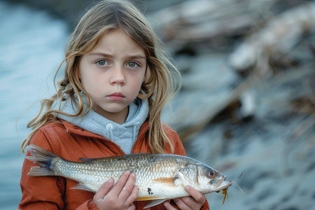 A poignant image of a young girl holding a dead fish against a backdrop of polluted ocean water, illustrating the dire consequences of marine pollution on wildlife.の素材
