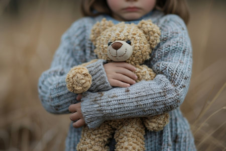 A poignant portrayal of a young person seeking comfort and solace, clutching a teddy bear or childhood toy amidst emotional turmoil.の素材