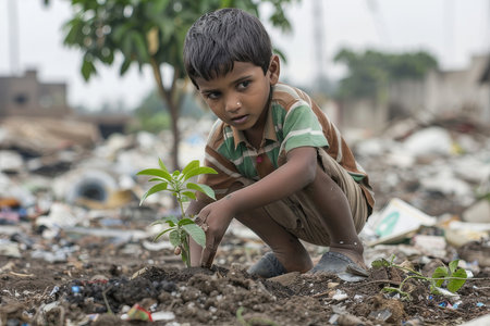 A young boy planting a sapling in a barren land filled with garbage, illustrating hope and the effort to combat environmental degradation.の素材