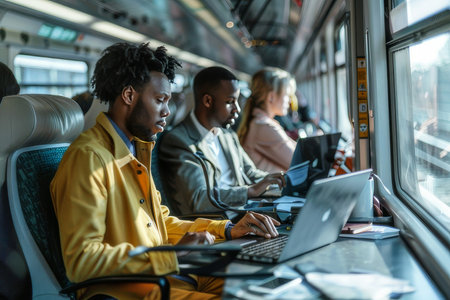 Busy professionals efficiently use laptops on a high-speed train, showing work flexibility and productivity.の素材