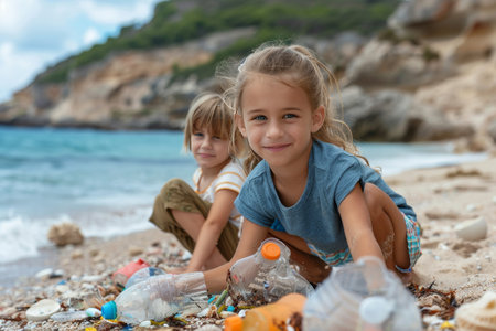 Children cleaning a polluted beach, promoting environmental awareness and community action.の素材