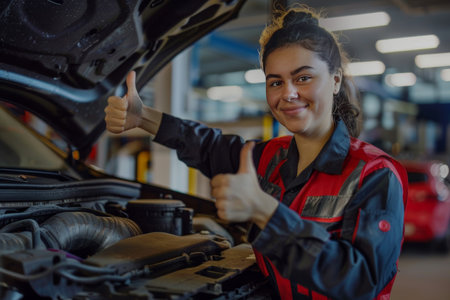 A mechanic woman gives a thumbs-up while inspecting a car, showcasing her professionalism and confidence.の素材
