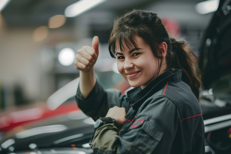 A mechanic woman gives a thumbs-up while inspecting a car, showcasing her professionalism and confidence.の素材