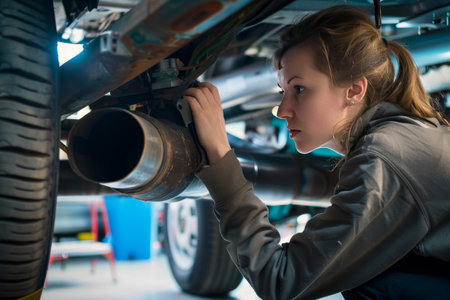 A young woman mechanic meticulously inspects the exhaust system of a car, showcasing her expertise and attention to detail.の素材