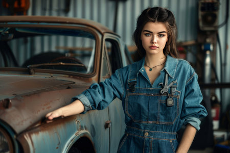 Young woman in mechanic overalls confidently leans against classic car in auto workshop, holding wrench.の素材