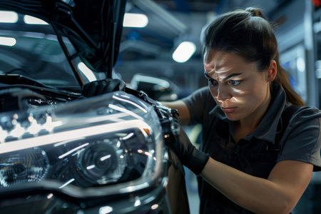 A focused female mechanic adjusts car headlights, showcasing her expertise and professionalism.の素材