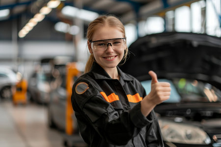 A mechanic woman gives a thumbs-up while inspecting a car, showcasing her professionalism and confidence.の素材