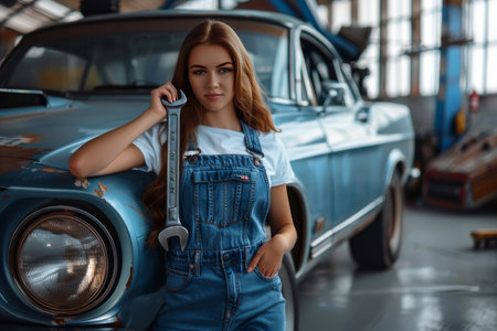Young woman in mechanic overalls confidently leans against classic car in auto workshop, holding wrench.の素材
