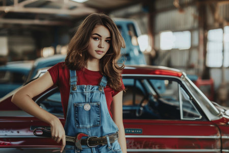 Young woman in mechanic overalls confidently leans against classic car in auto workshop, holding wrench.の素材