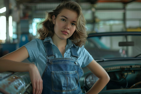 Young woman in mechanic overalls confidently leans against classic car in auto workshop, holding wrench.の素材