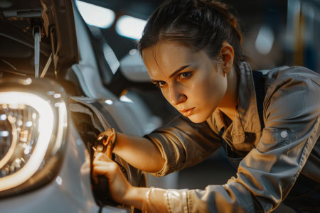 A focused female mechanic adjusts car headlights, showcasing her expertise and professionalism.の素材