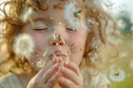 A child's joyful face as they blow dandelion seeds, embodying the pure delight of childhood.の素材