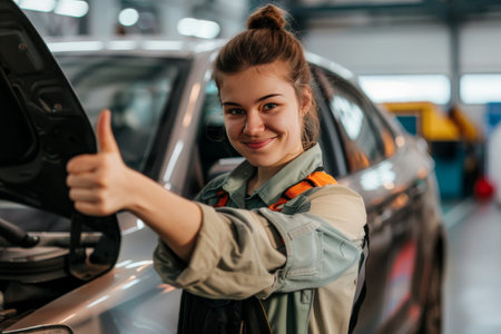A mechanic woman gives a thumbs-up while inspecting a car, showcasing her professionalism and confidence.の素材