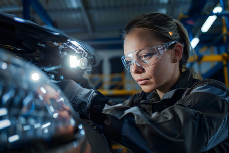 A focused female mechanic adjusts car headlights, showcasing her expertise and professionalism.の素材