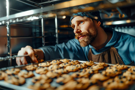 A baker pulls a tray of warm, freshly baked cookies from the oven with satisfaction, illustrating passion in baking.の素材