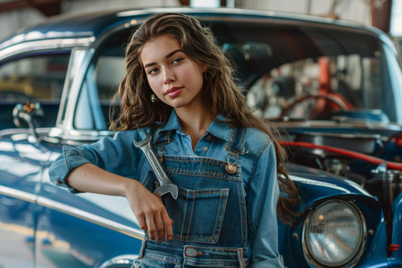 Young woman in mechanic overalls confidently leans against classic car in auto workshop, holding wrench.の素材
