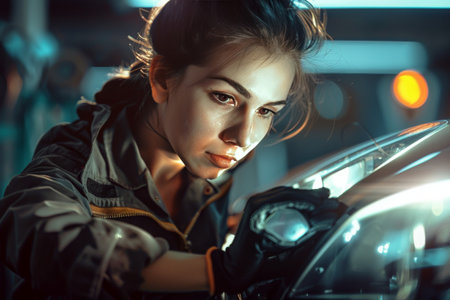 A focused female mechanic adjusts car headlights, showcasing her expertise and professionalism.の素材