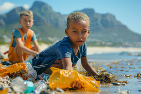 Children cleaning a polluted beach, promoting environmental awareness and community action.の素材