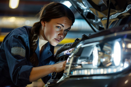 A focused female mechanic adjusts car headlights, showcasing her expertise and professionalism.の素材