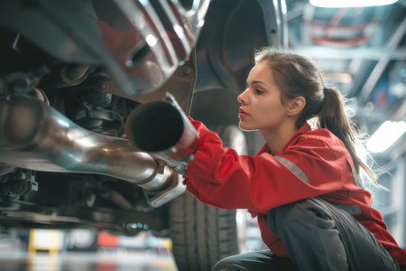 A young woman mechanic meticulously inspects the exhaust system of a car, showcasing her expertise and attention to detail.の素材
