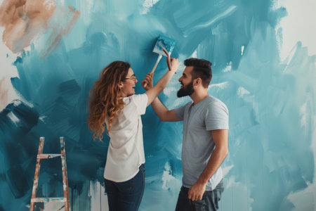 A joyful couple paints the walls of their new home, symbolizing new beginnings and shared happiness.の素材