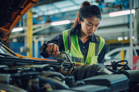 Mechanic woman checks oil level in car engine, her reflective safety vest adding style to the scene.の素材