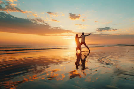 A carefree couple dances on the beach at sunset, capturing a moment of love and joy in a picturesque setting.の素材