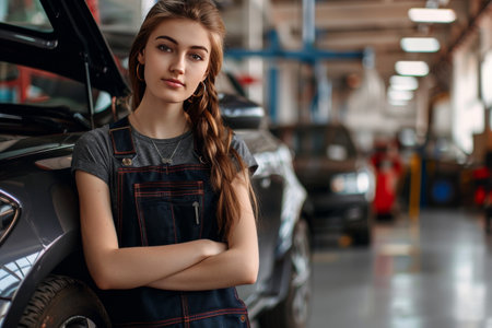 Young woman in mechanic overalls confidently leans against classic car in auto workshop, holding wrench.の素材