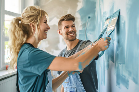 A joyful couple paints the walls of their new home, symbolizing new beginnings and shared happiness.の素材