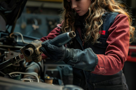 Female mechanic employs pneumatic wrench to remove stubborn bolt from car's chassis, showing strength and expertise.の素材