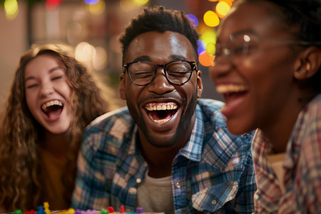 A group of friends laughs and shares surprises during a live board game night, capturing the joy of shared activities.の素材
