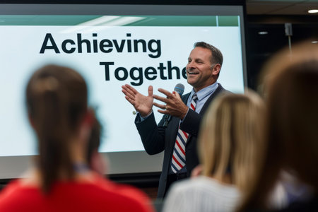 motivational speaker addressing an office team, with the phrase Achieving Together on a presentation behind, promoting teamwork and shared goalsの素材