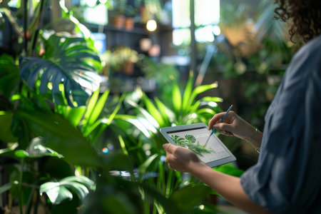 In a sunlit office adorned with plants, an individual uses a digital tablet to set SMART goals, fostering productivity and growth.の素材