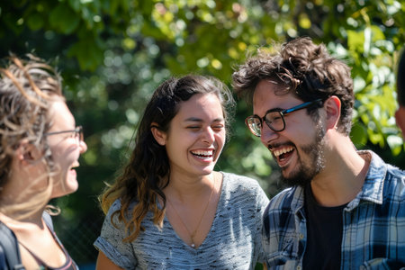 A group of friends laughs together in a sunlit park, embodying a moment of pure joy and companionship.の素材