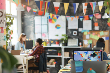 Employees in an office adorned with achievement flags discuss their next project, fostering a culture of continuous improvement.の素材