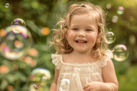 A young girl's face lights up with laughter as she chases bubbles in a vibrant garden, epitomizing innocence and the joy of play.の素材