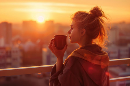 A woman relishes the scent of her coffee on a city balcony, embracing tranquility and delight.の素材