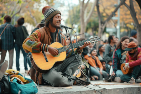 A vibrant guitarist entertains a smiling crowd, fostering communal joy through music.の素材