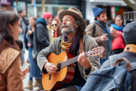 A vibrant guitarist entertains a smiling crowd, fostering communal joy through music.の素材