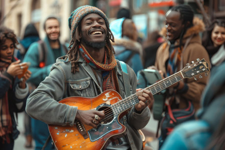 A vibrant guitarist entertains a smiling crowd, fostering communal joy through music.の素材