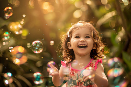 A young girl's face lights up with laughter as she chases bubbles in a vibrant garden, epitomizing innocence and the joy of play.の素材