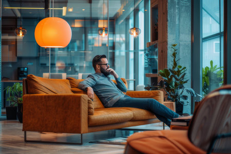 An individual taking a break in a well-designed office lounge, reflecting on personal achievements, symbolizing work-life balance.の素材